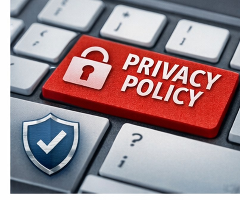 Privacy policy illustration with lock symbol and keyboard.
