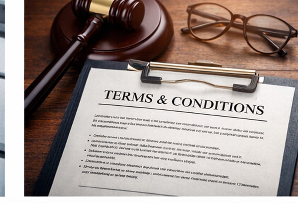 Terms and conditions document with legal tools on a desk.